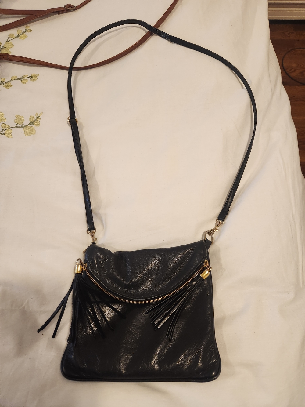 Black Leather Tassel Crossbody Bag - Women